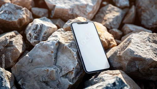 Abstract smartphone with a blank screen resting on a rocky surface photo