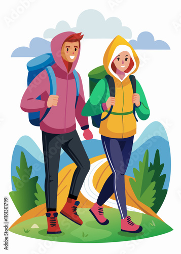 Young couple exploring nature, hiking together in scenic landscape