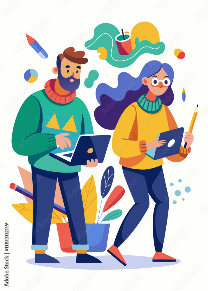 Young couple in oversized sweaters working on creative projects, surrounded by art supplies in relaxed, artistic poses. Cozy creative teamwork at home.
Young couple in oversized sweaters working on creative projects, surrounded by art supplies in relaxed, artistic poses. Cozy creative teamwork at home.
