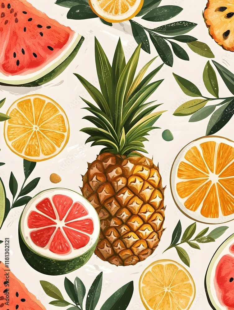 A seamless pattern of summer fruits like watermelons, pineapples, and citrus slices.