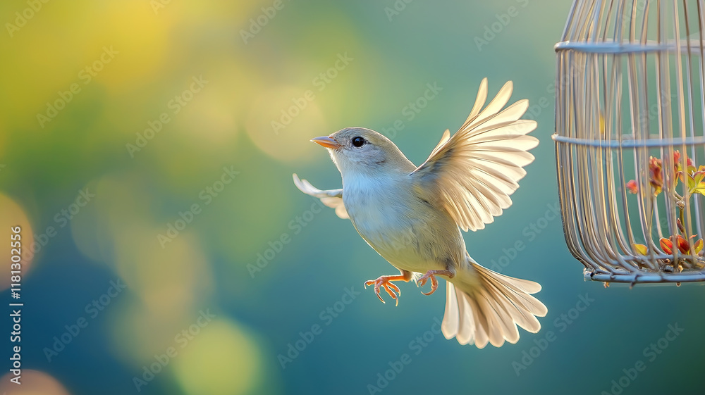 Obraz premium Picture of Bird flies out of the cage. freedom concept.