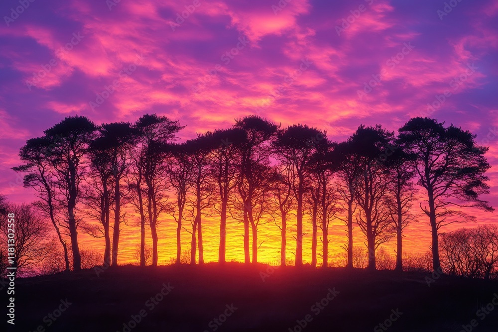 Fototapeta premium Vibrant sunset with silhouettes of trees against a colorful sky