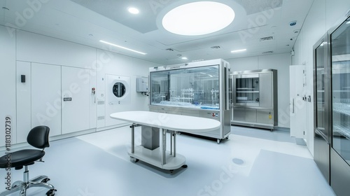Clean lab; stainless steel equipment; white walls; single chair.