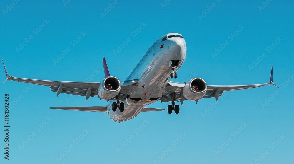 An airplane in flight against a clear blue sky. An airplane in flight against a clear blue sky.
