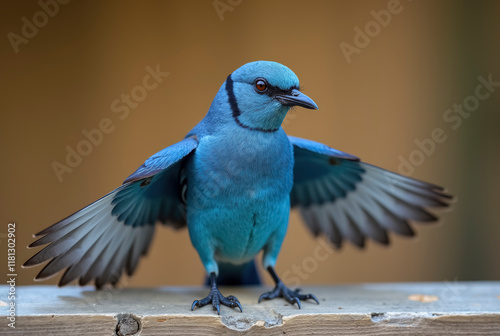 East Asian Blue Magpie on a wooden surface with wings spread photo