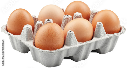 An open egg box containing ten brown eggs is isolated on a white background	
