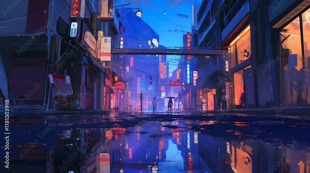 Multi-colored neon lights on a dark city street, reflecting in puddles, showcasing vibrant nightlife Multi-colored neon lights on a dark city street, reflecting in puddles, showcasing vibrant nightlife