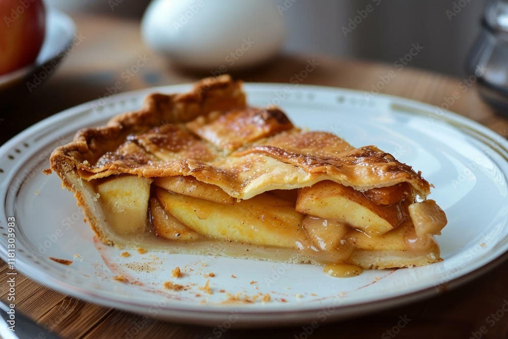 Slice of freshly baked apple pie, resting on a white plate, with its inviting filling and golden crust Slice of freshly baked apple pie, resting on a white plate, with its inviting filling and golden crust