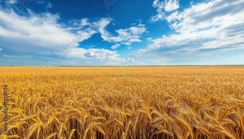 A vast golden wheat field under a bright blue sky with clouds.