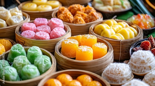 Colorful Asian Steamed Desserts Display photo