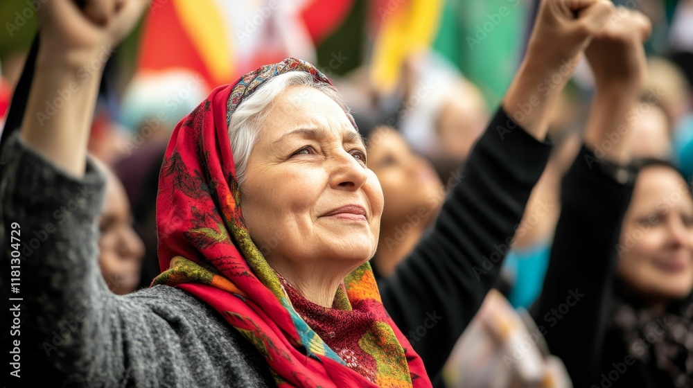 Fototapeta premium Older woman, red headscarf, protest, raised fists, hope.