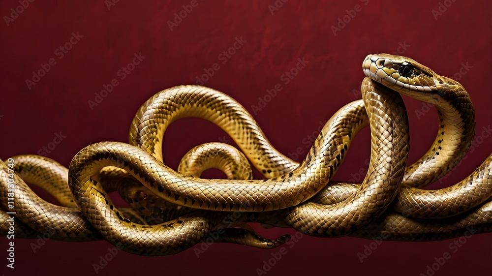 Obraz premium Golden Serpent Coiled on Red Background