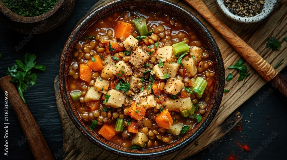 Hearty lentil stew with carrots, celery, and spices, served in a rustic bowl to emphasize a wholesome, comforting dish Hearty lentil stew with carrots, celery, and spices, served in a rustic bowl to emphasize a wholesome, comforting dish