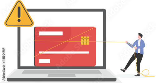 Financial robbery and crime concept. Young man cartoon character thief wearing black holding huge credit card in hands after committing crime vector illustration

