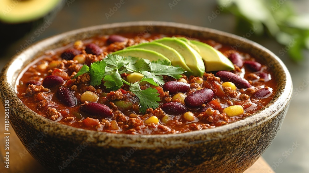 Hearty vegan chili in a rustic bowl, garnished with cilantro and avocado slices, creating a warm and cozy look Hearty vegan chili in a rustic bowl, garnished with cilantro and avocado slices, creating a warm and cozy look