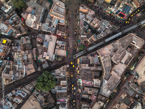 Aerial view of bustling and colorful urban landscape with busy streets and rooftops, Bikaner, India. photo