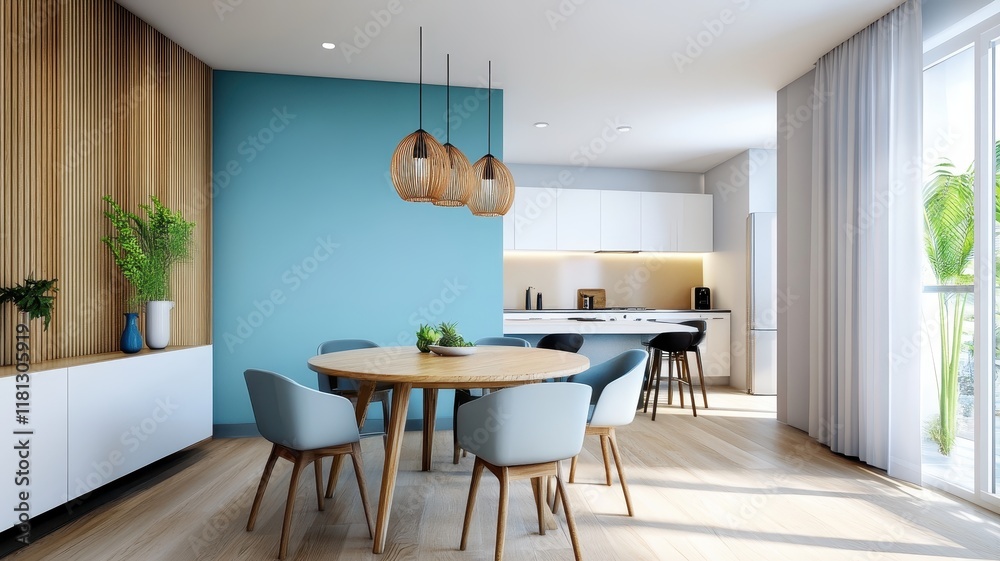 Fototapeta premium Elegant interior of a spacious dining room featuring a large table and stylish decor for unforgettable gatherings.