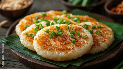 Khanom krok, crispy coconut rice pancakes topped with spring onions, served hot on a banana leaf with a wooden background photo