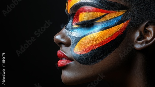 Vibrant Face Painting Artistry Featuring Bold Colors and Intricate Designs on a Woman's Profile, Celebrating Cultural Expression and Creativity photo