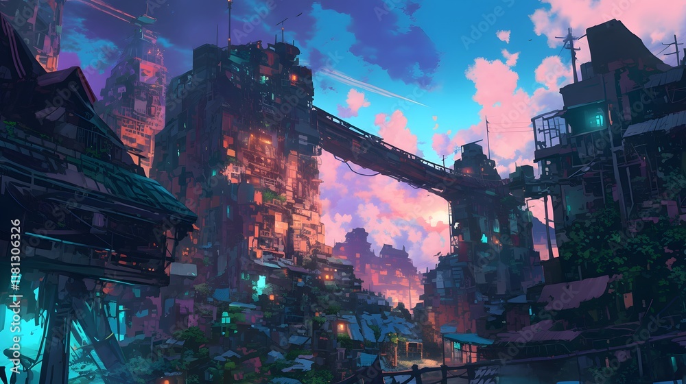 Mystical apocalyptic city under a night sky in vibrant anime style