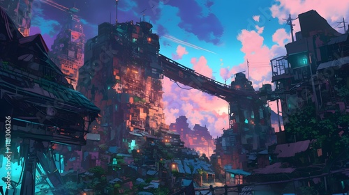 Obraz na płótnie Mystical apocalyptic city under a night sky in vibrant anime style w salonie
