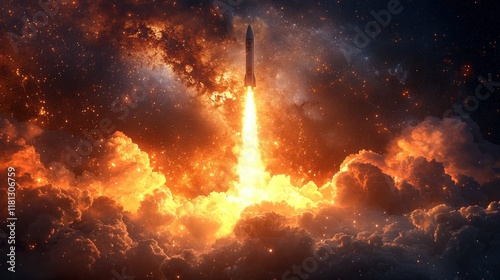 Majestic Rocket Launch into the Cosmos: A fiery Ascent Through Celestial Clouds