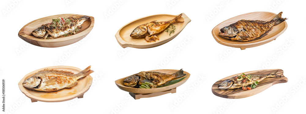 Roasted fish dish on wooden plates, transparent or white background, cut-out, PNG Roasted fish dish on wooden plates, transparent or white background, cut-out, PNG