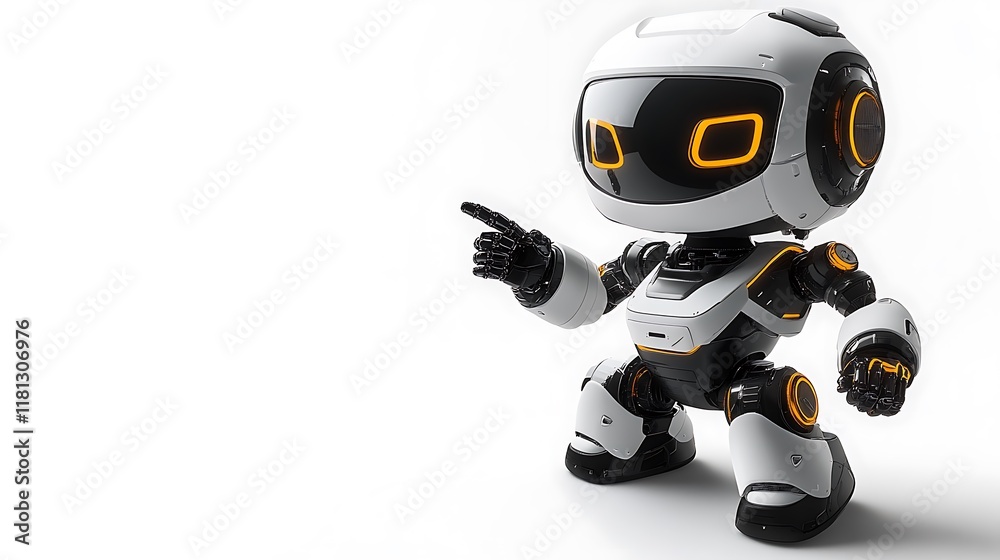 Friendly 3D robot with a compact design and glowing accents, gesturing with one arm toward a blank space on a minimalist white backdrop. Friendly 3D robot with a compact design and glowing accents, gesturing with one arm toward a blank space on a minimalist white backdrop.
