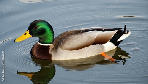 Close-up of a male mallard duck in the water.