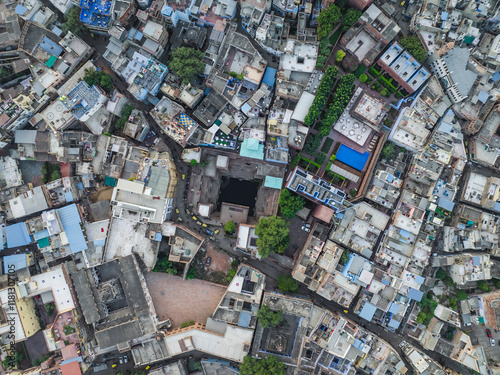 Aerial view of beautiful urban landscape with dense buildings and rooftops, Jodhpur, India. photo