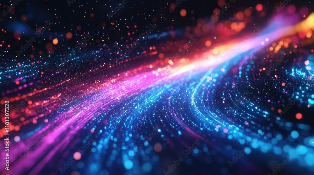 Obraz premium This captivating abstract image showcases colorful light trails flowing gracefully against a dark background, symbolizing motion and technological energy. Perfect for cre