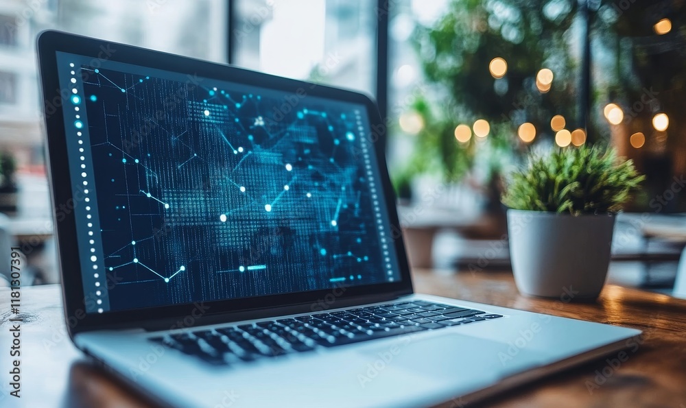 Laptop, webinar and online corporate meeting for remote worker, seminar or conference. Video call, communicate and closeup of screen for networking, wifi connection and marketing, Generative AI
