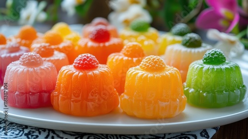 Luk chup, miniature Thai desserts shaped like fruits, brightly colored and arranged on a white plate with a traditional Thai patterned cloth in the background photo