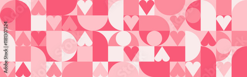 Seamless trendy pink background with hearts and circles for Mother's Day card template. Trendy geometric red shapes with retro squares for Valentine's Day or Wedding Day cover.