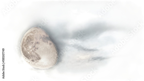 A full moon surrounded by soft, wispy clouds partially covering it. The clouds are light and airy, allowing the moon's glow to shine through. The background is transp
