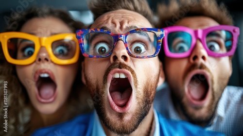 A group of three friends wearing vibrant, oversized glasses are hilariously expressing shock and joy with their wide-open eyes and mouths, showcasing a fun and lively moment together. photo