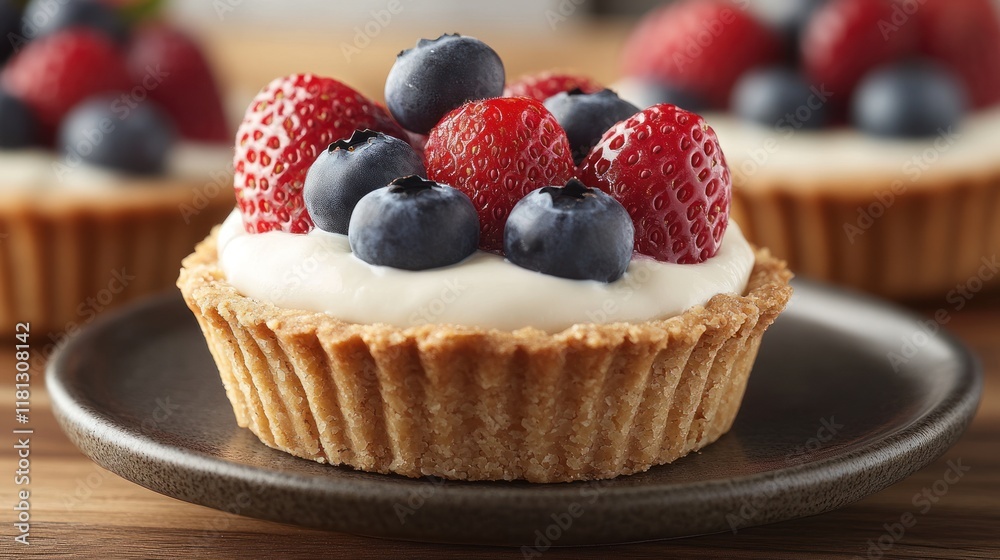 Mini berry tarts with an almond flour crust, filled with light vanilla yogurt and topped with fresh blueberries and strawberries on a ceramic plate Mini berry tarts with an almond flour crust, filled with light vanilla yogurt and topped with fresh blueberries and strawberries on a ceramic plate