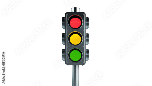 A classic traffic light featuring red, yellow, and green lights, signaling vehicle movement and safety, mounted on a sturdy pole, representing order in road systems