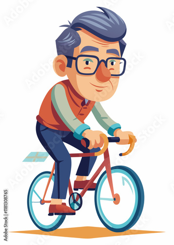 自転車に乗る眼鏡をかけた中年の日本人男性。自転車で通勤するアクティブな高齢者、隔離されたベクターイラスト。