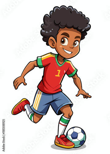 Energetic Black boy with curly hair playing soccer. Cartoon vector of a young African American child kicking a football. Fun sports character for kids' games and activities.