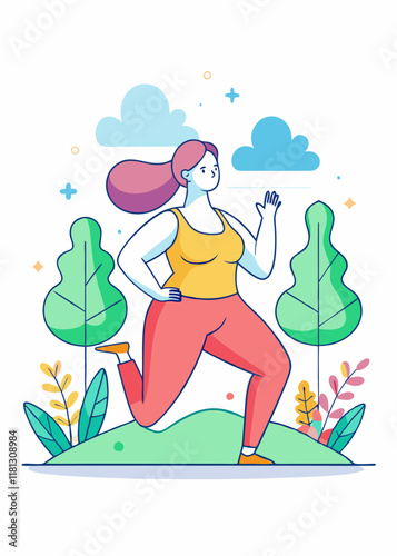 Plus-sized woman practicing yoga in a peaceful park. Curvy female character doing outdoor exercise, stretching in a natural environment, promoting body positivity and wellness.
