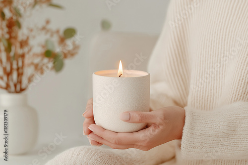 Two hands gently holding a lit candle, with warm, flickering light symbolizing hope and remembrance in a serene and peaceful setting. photo