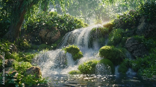 A stunning waterfall flows over moss-covered rocks, surrounded by lush greenery and illuminated by soft sunlight. Experience the serene beauty of nature in this enchantin photo