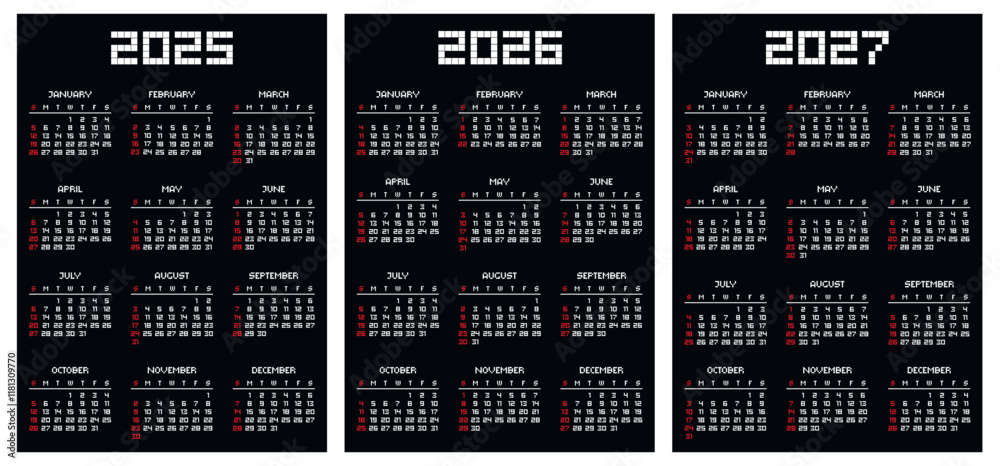 One page pixel calendar template 2025, 2026, 2027 on black background. Pixelated wall or desk business calendar in retro 8 bit style in dark mode
