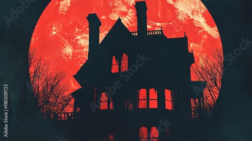 Haunted House Under Red Moon