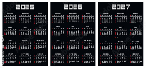 One page pixel calendar template 2025, 2026, 2027 on black background. Pixelated wall or desk business calendar in retro 8 bit style in dark mode