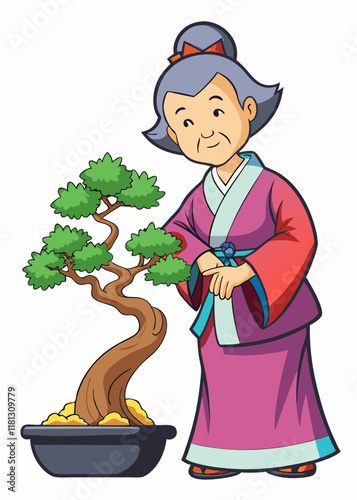 伝統的な着物を着た年配の日本人女性が盆栽の手入れをしています。年配のアジア人女性がミニチュアの木の手入れをし、繊細な剪定を行い、穏やかなガーデニングをしています。隔離されたベクターのイラスト。