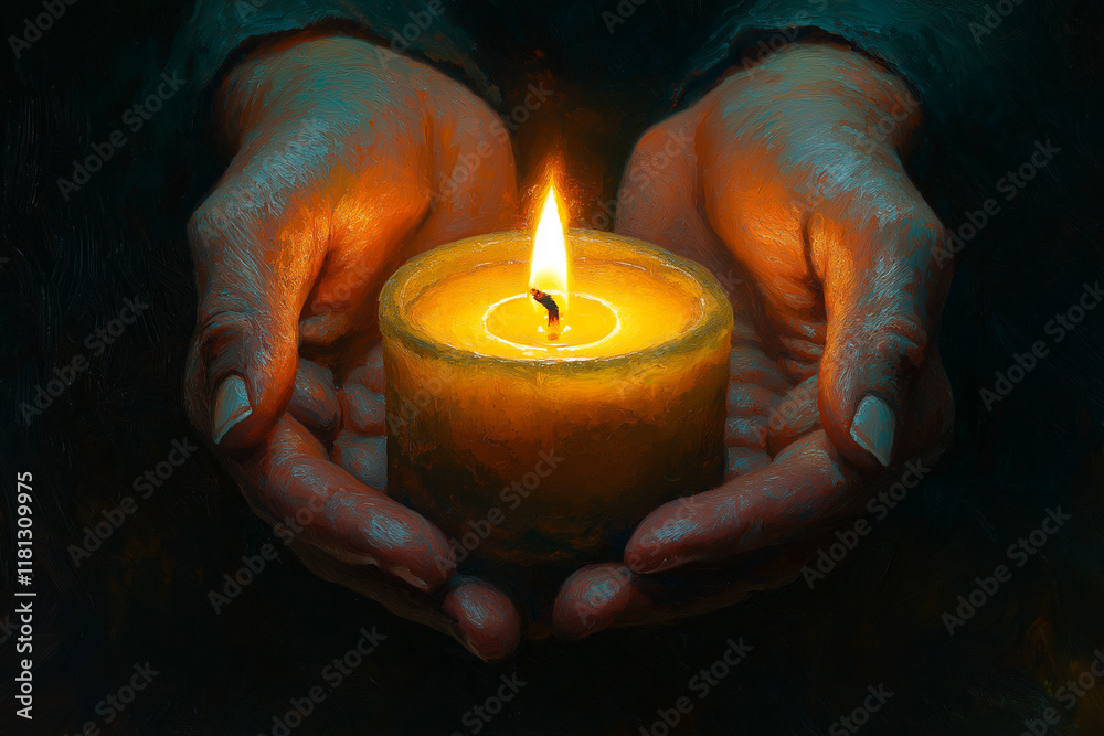 Two hands gently holding a lit candle, with warm, flickering light symbolizing hope and remembrance in a serene and peaceful setting. Two hands gently holding a lit candle, with warm, flickering light symbolizing hope and remembrance in a serene and peaceful setting.