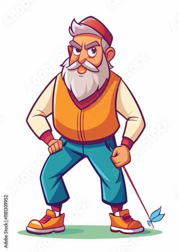 Senior man holding golf club, elderly golfer ready to swing, old man enjoying golf game, active senior lifestyle, isolated vector character.

