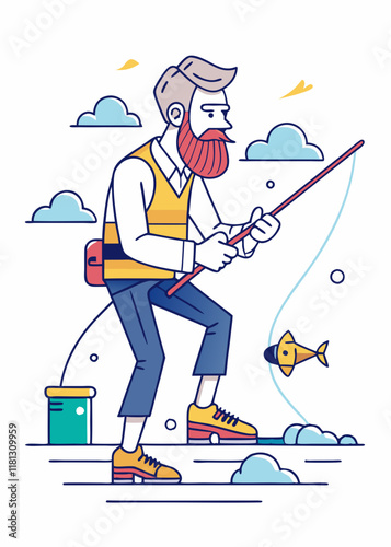 Line Art Of Bearded middle-aged fisherman casting fishing rod at scenic lake. Relaxing solo fishing trip in nature, isolated character vector illustration.